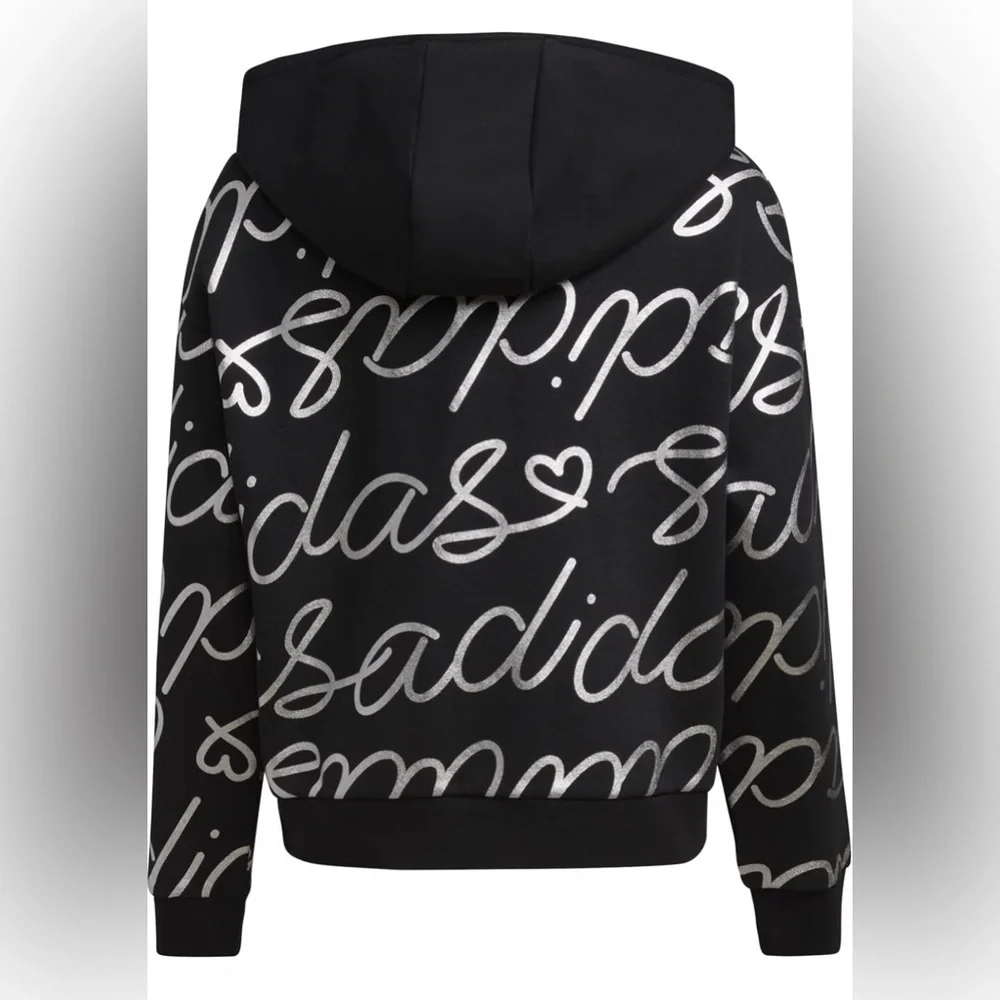 Adidas | Girls' Allover Print Foil Fleece Silver on Black Hoodie | Size 14 | EUC